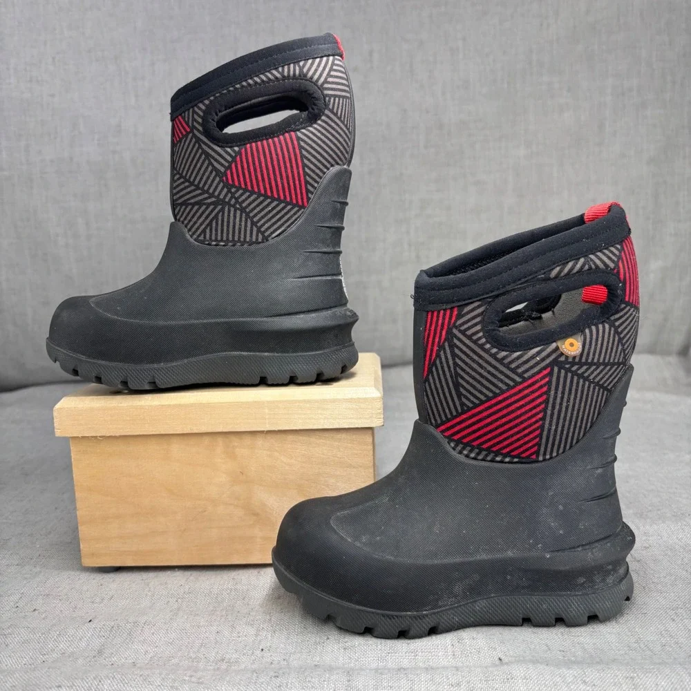 Bogs Kids Neo-Classic Rain Boots Geo Black Red Waterproof Winter Boots Size 7